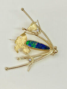 Boulder opal and diamonds gold brooch