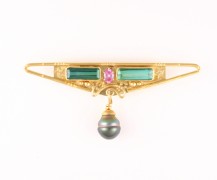 Gold bar pin with tourmalines, pink sapphire, South Sea pearl in 22k and 18k gold