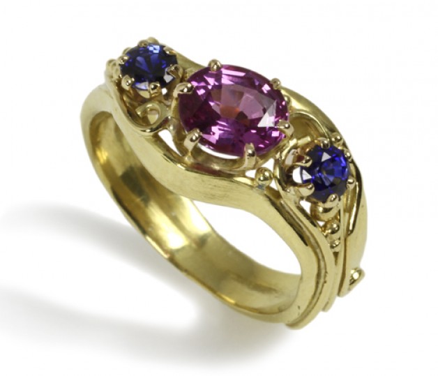 18k yellow gold stacking rings with fancy colored sapphires and diamond accents created by Daniel R. Spirer of Boston, Cambridge