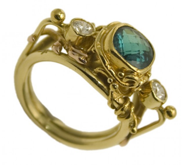 Boston jeweler Daniel R. Spirer handcrafted this 18k yellow gold and 22k yellow gold ring with tourmaline and diamonds