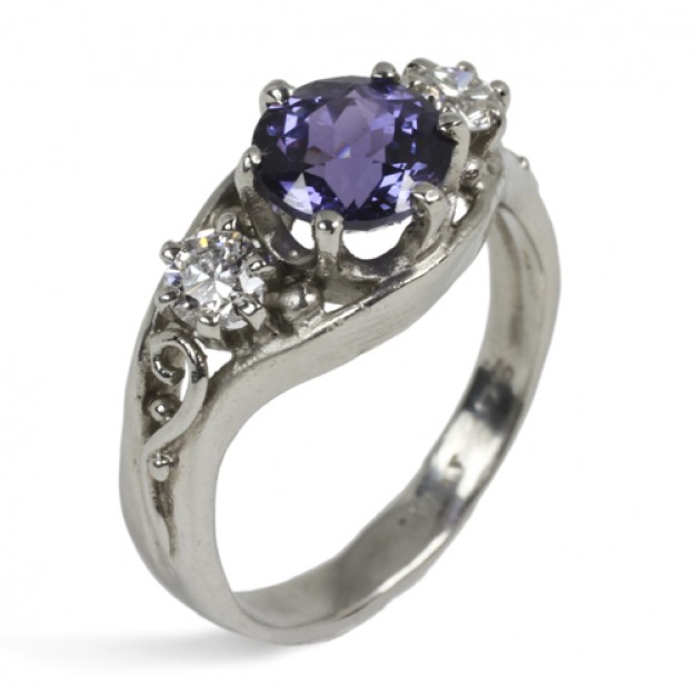 Boston jeweler Daniel R. Spirer handcrafted this 950 platinum ring with purple sapphire and diamonds