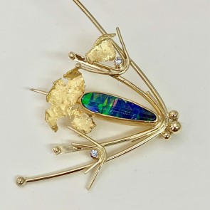 Boulder opal and diamonds gold brooch