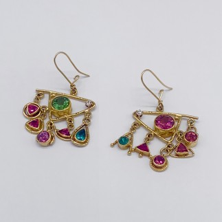 Colorful chandelier earrings have pink, green and blue/green tourmalines and diamonds