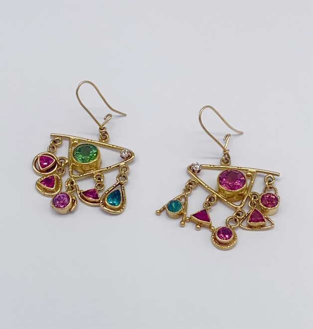 Colorful chandelier earrings have pink, green and blue/green tourmalines and diamonds