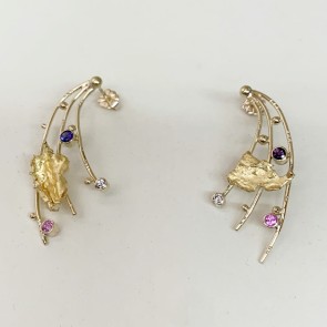 Yellow gold spray earrings with purple sapphires, pink sapphires and diamonds