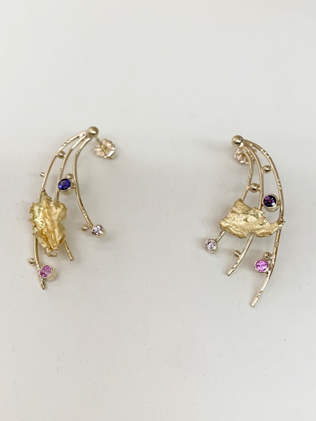 Yellow gold spray earrings with purple sapphires, pink sapphires and diamonds
