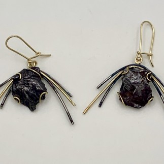 Meteorite comet earrings. Wear a real comet on your ears! 18 k yellow gold, antiqued sterling silver and natural meteorite.
