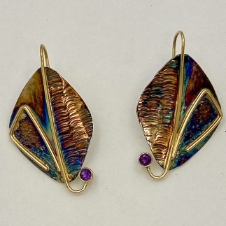 Antiqued fine silver and 18k yellow gold leaf shaped earrings with amethysts