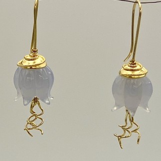 Carved blue chalcedony jellyfish earrings with 22k gold caps and 18k gold wires