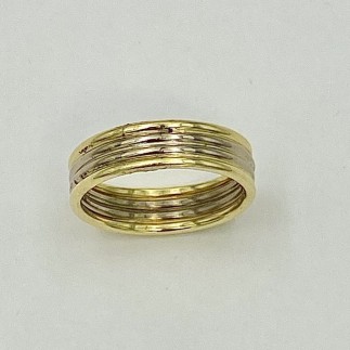 5mm wide, four wire band wedding band with two 18k, palladium white gold bands in the middle and 18k yellow gold wire borders.