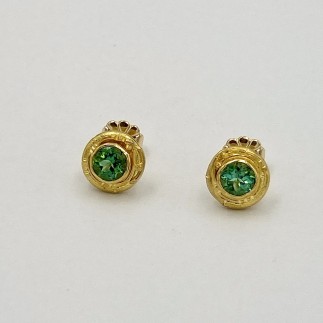 22k yellow gold fused surface stud earrings with 1.09 ct. (TW) Golconda tourmalines (H) with 18 k yellow gold posts.