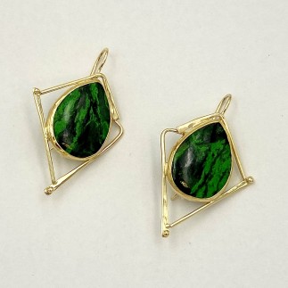 18k yellow gold with 22k gold bezel set pear shaped Maw Sit Sit earrings. 1.5 inches long.