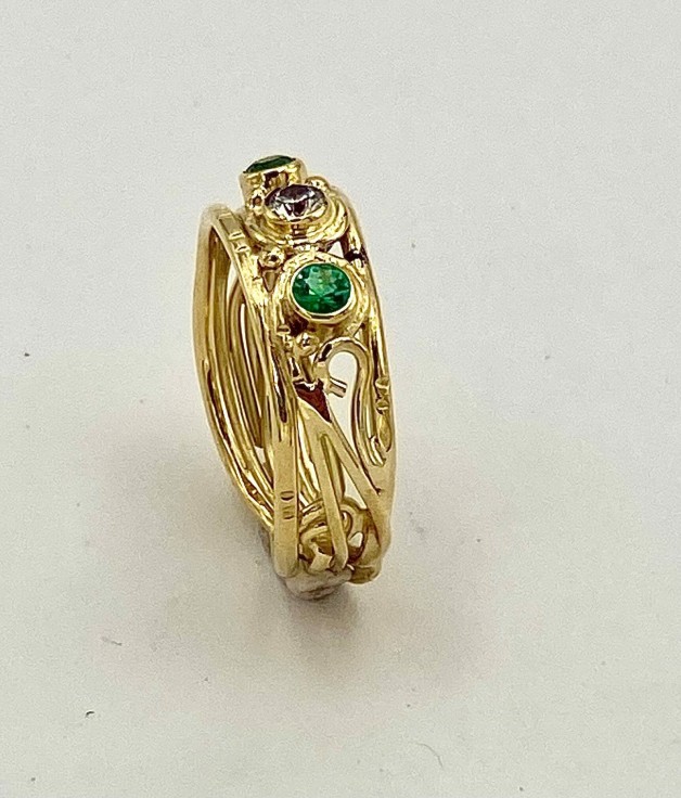 Emerald and Diamond Vine Ring Side View