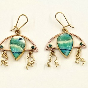 18k yellow gold and 14k red gold jellyfish earrings with Indonesian petrified opals in a 22k bezel setting with .31ct (TW) teal colored Montana sapphires.2 inches long.  1 1/4 inches wide.