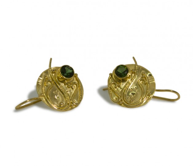 Earrings by Boston Cambridge jeweler Daniel Spirer - 18k yellow gold earrings with tourmalines