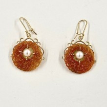 Carved Orange Jadeite and Pearl Earrings.