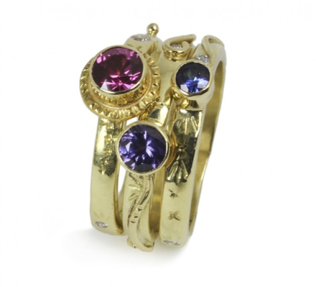 18k yellow gold stacking rings with fancy colored sapphires and diamond accents created by Daniel R. Spirer of Boston, Cambridge