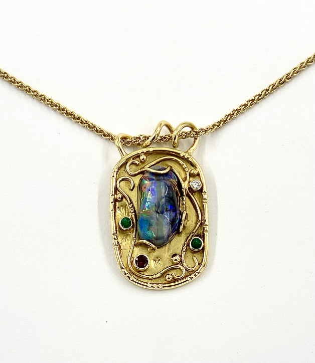 18k Gold with Boulder Opal, Emerald, Diamond