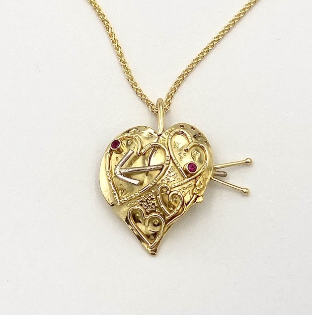 18k Yellow and Pink Gold Heart Pendant with Rubies