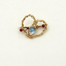 Rainbow Moonstone and Ruby 18k and 22k Heart Pin