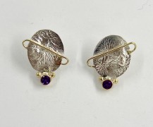 Reticulated Silver, 18k Gold Earrings with Amethysts