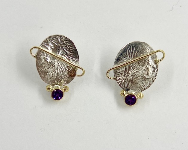 Reticulated Silver, 18k Gold Earrings with Amethysts