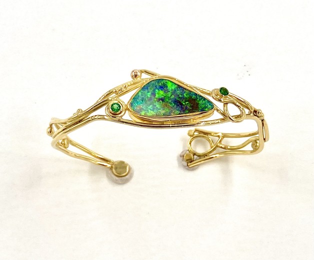 18k and 22k Yellow Gold Bracelet with Boulder Opal and Emeralds