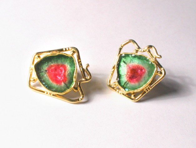 Boston jeweler Daniel Spirer created these earrings of 18k and 22k gold with watermelon tourmalines