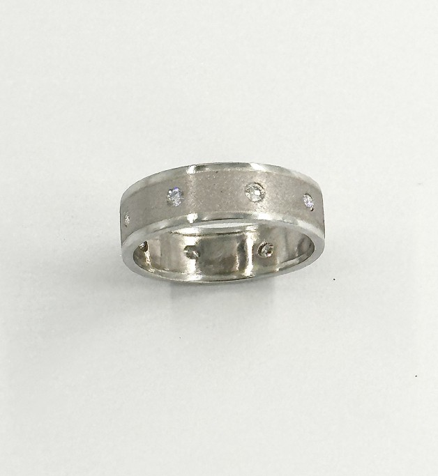Sandblasted 18k Palladium White Gold Band with Platinum Borders and Flush Set Diamonds