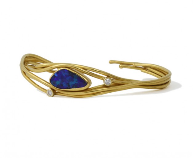 22k yellow gold cuff bracelet with boulder opal and diamonds, crafted by Daniel R.Spirer Jewelers, Cambridge