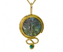 Spectrolite carved moon face and emerald pendant 18k and 22k gold