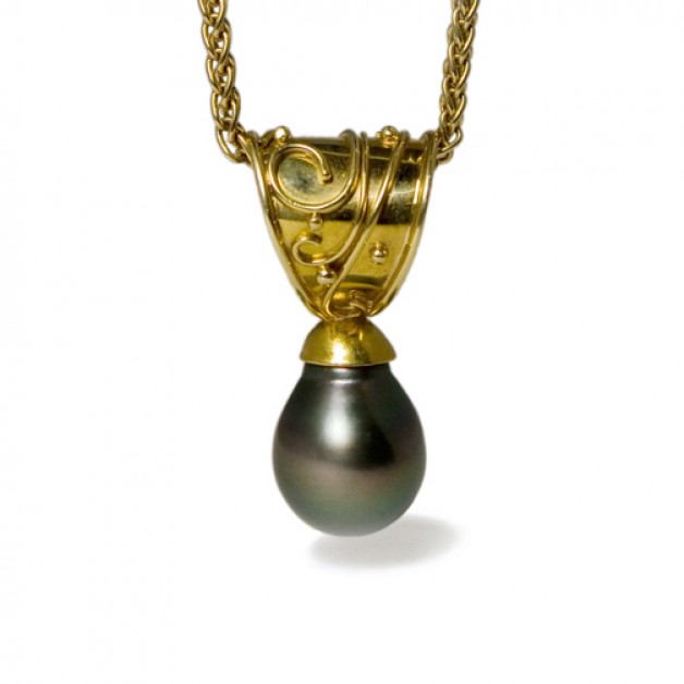 18k and 22k yellow gold pendant with black South Sea pearl offered at Daniel Spirer Jeweler of Boston, Cambridge