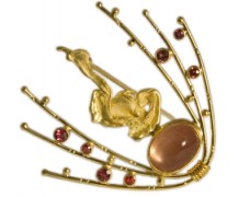 “Comet Pin” Sunstone, orange sapphires, 18 and 22k gold