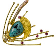 “Comet Pin” Turquoise, pink sapphire, freshwater pearl, diamond, 22k and 18k gold