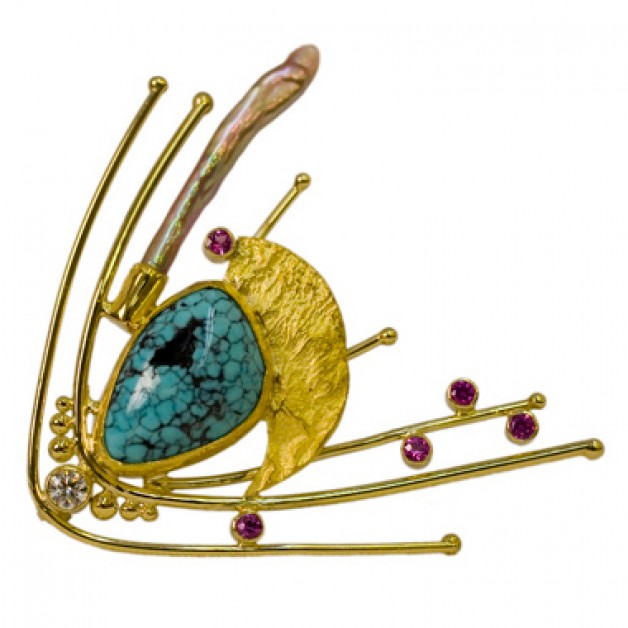 18k and 22k gold comet pin with Tibetan turquoise, diamond, freshwater pearl and pink sapphires handcrafted by Daniel Spirer Jewelers of Boston,Cambridge