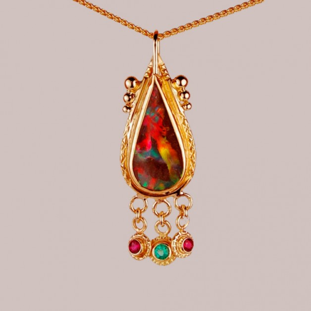 Australian Boulder Opal, Ruby and Emerald Pendant in 22k and 18k Gold by Spirer Jewelers in Boston area