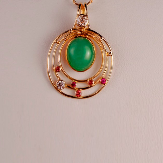 18k and 22k yellow gold pendant with jade, diamonds and fancy colored sapphires, Daniel Spirer Jewelers