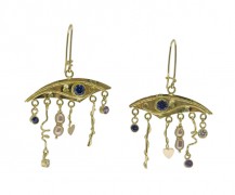 “Chandeliers” 18k and 22k gold earrings with purple sapphires, diamonds and pearls