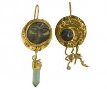 Spectrolite face earrings with tourmaline crystal, diamond and pearl 18k and 22k gold