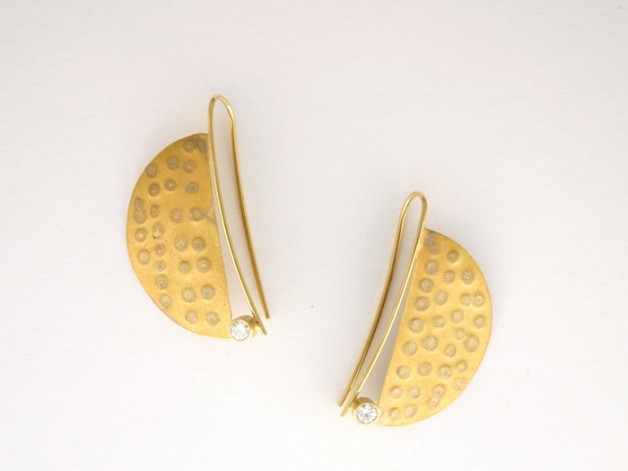Boston jeweler Daniel Spirer handcrafted these 18k palladium white gold and 22k gold mokume gane earrings with diamonds