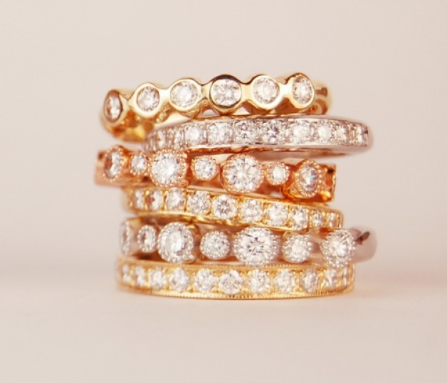Stacking rings in 18k yellow and pink gold and platinum