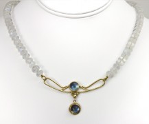 Handmade 18k and 22k gold clasp with blue sheen moonstones on a blue sheen moonstone bead necklace