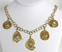 Drop necklace, 18k and 22k gold with keshi pearls and orange sapphires